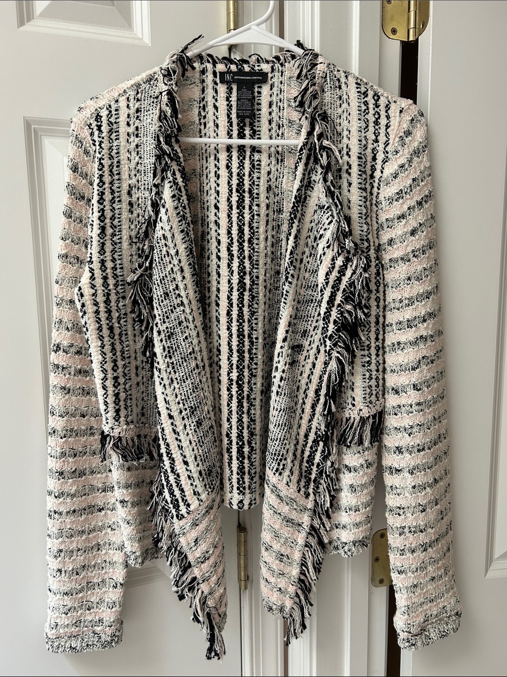 INC International Concepts Pink, Black & Pink Fringe Open-Front Jacket Sweater